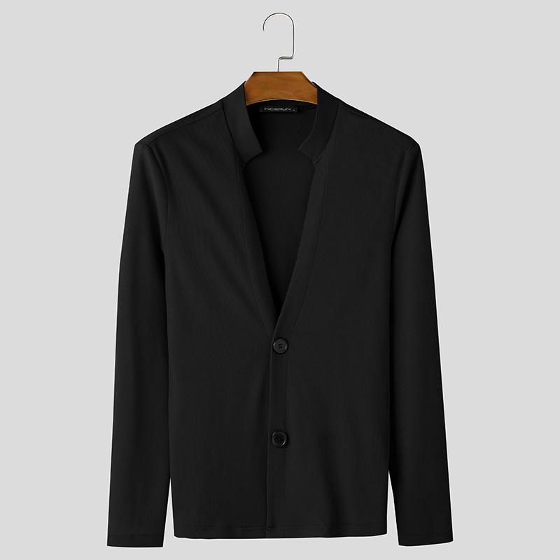 INCERUN Men Deep V Neck Long Sleeve Rib Solid Color Buttons T-shirts Tops