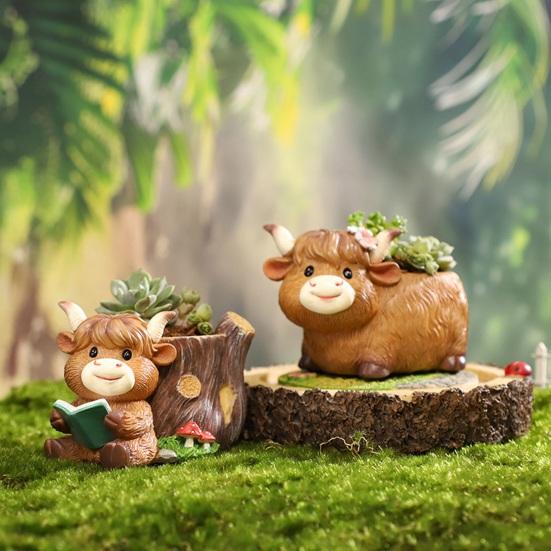 Кашпо "Шотландская корова" Милый мультяшный бычок Смоляной цветочный горшок Рустикальный цветочный горшок с животным и дренажным отверстием для улицы, помещения, заднего двора, балкона, рабочего стола дома