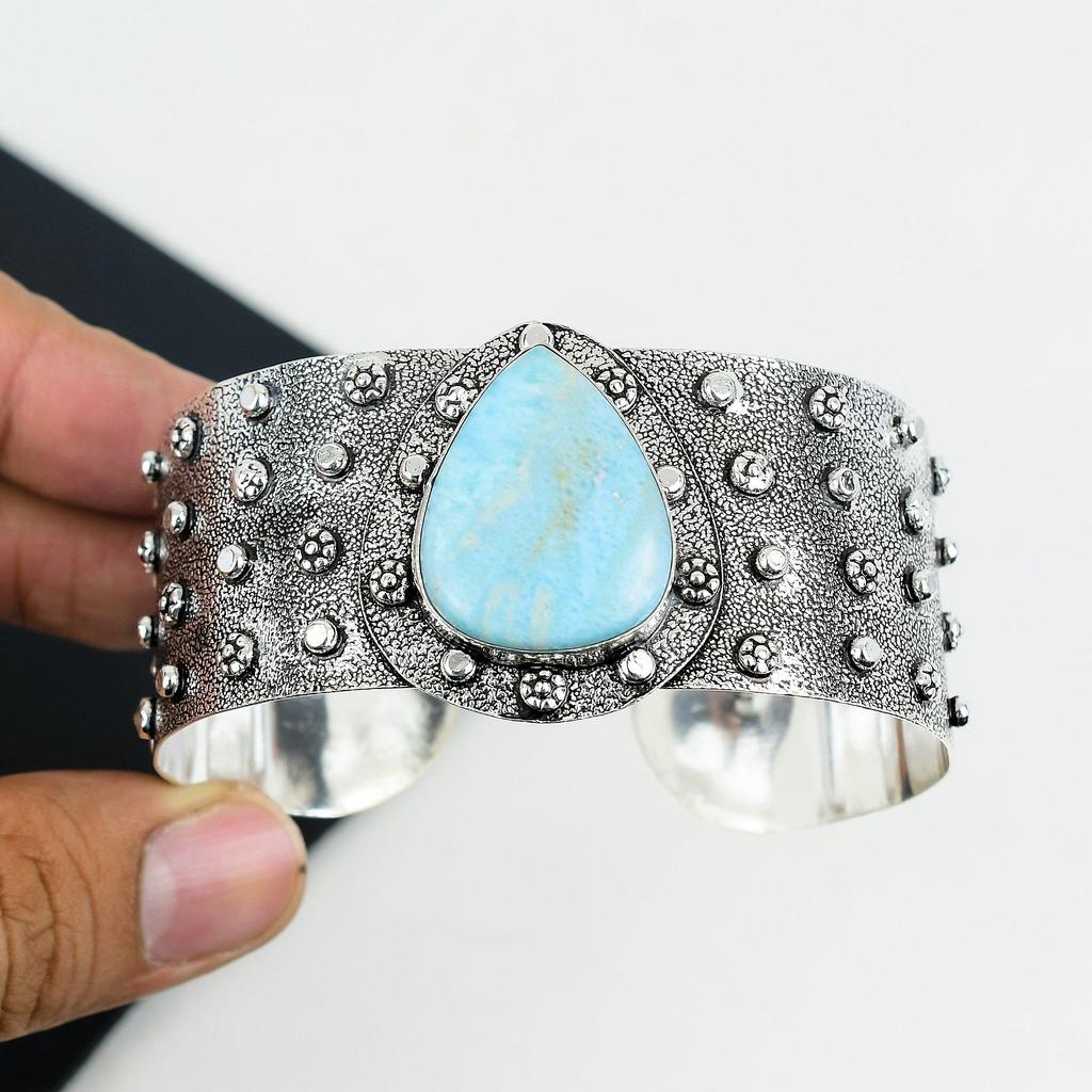 Natural Larimar Gemstone Handmade 925 Sterling Silver Cuff Bangle , Larimar Bangle,For Wife, Unisex Bangle, Gifts For Birthday