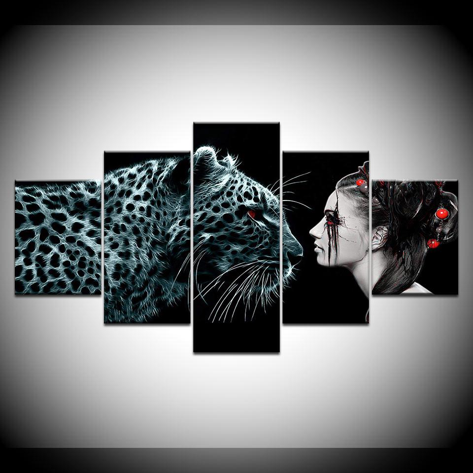 Canvas Painting Popular Leopard and Woman 5 Pieces Wall Art Painting Modular Wallpapers Poster Print for living room Home Decor