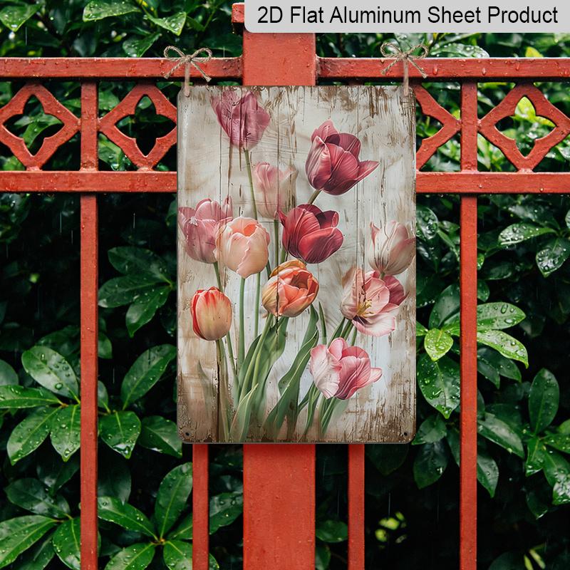 2D Flat 1pc Vintage Tulips Aluminium Metal Wall Art Sign - 8x12 Inch Shabby Chic Rustic Dutch-Inspired Tulip Field Decor, Pink & White Tulip for