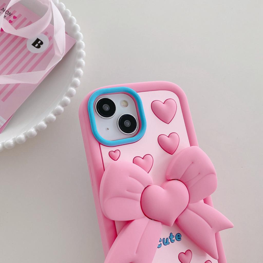 Cute Cartoon 3D Bow-knot Bracket Phone Case for iPhone 11 12 13 14 15 Pro Max 12 Pro 13 Pro 14 Pro Max Anti-drop Soft Silicone Cover