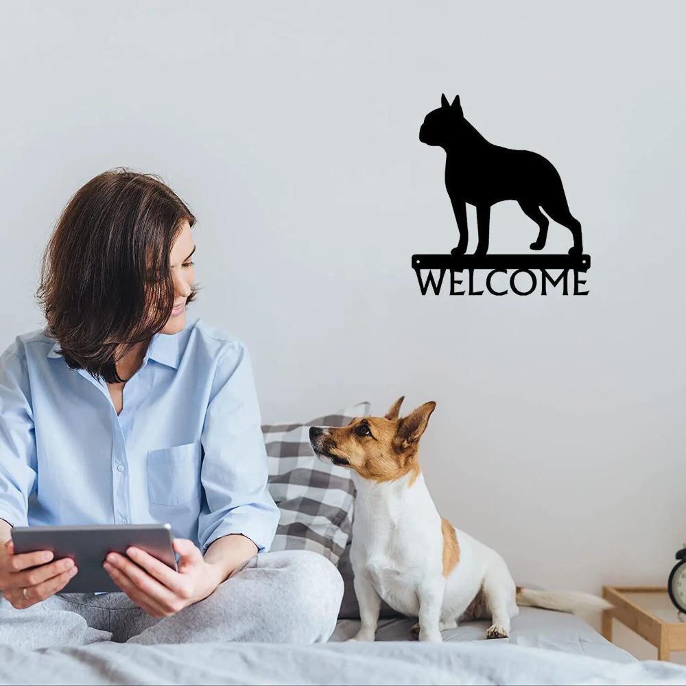 Dog Welcome Sign Boston Terrier - 12" X 13.6" Metal Wall Art for Pet Lovers, and Charming Home Entrance Decoration