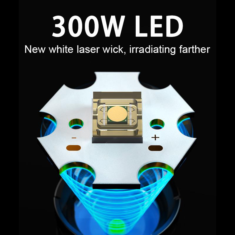 Мощный светодиодный фонарик 300 Вт, масштабируемый фонарик с высокой яркостью 500000 лм, встроенный аккумуляторный фонарь, водонепроницаемый фонарик, перезаряжаемый фонарик