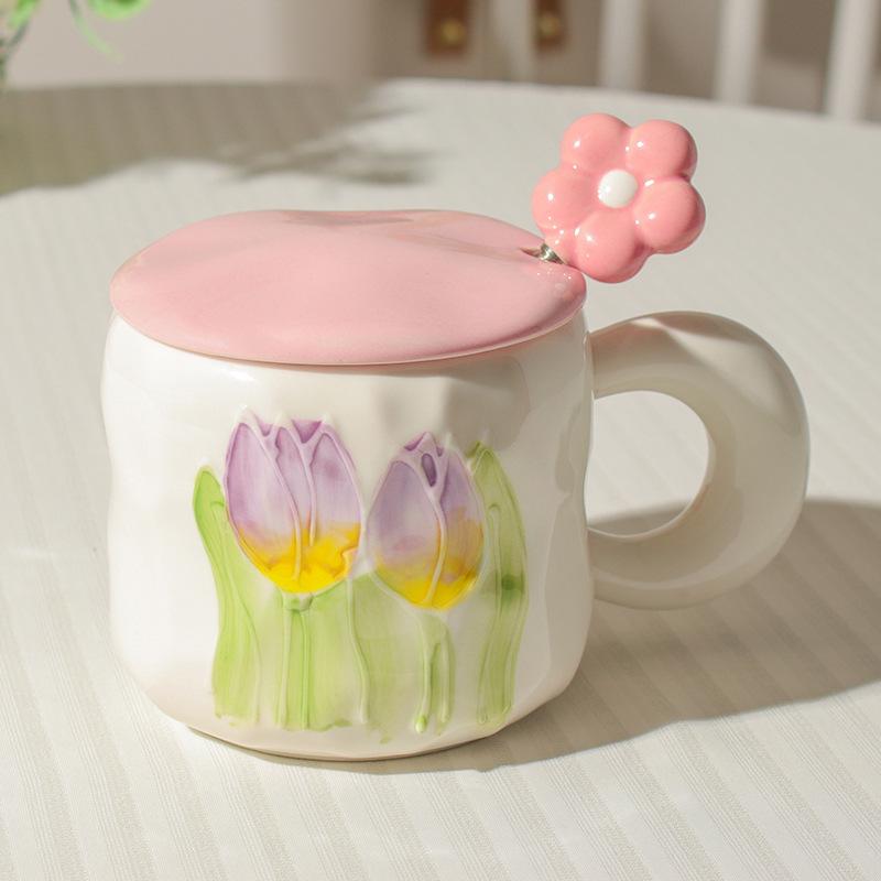 Высокоценная чашка-тюльпан в стиле инс для девочек, милая керамическая кружка с крышкой и ложкой, парная, для дома, для кофе