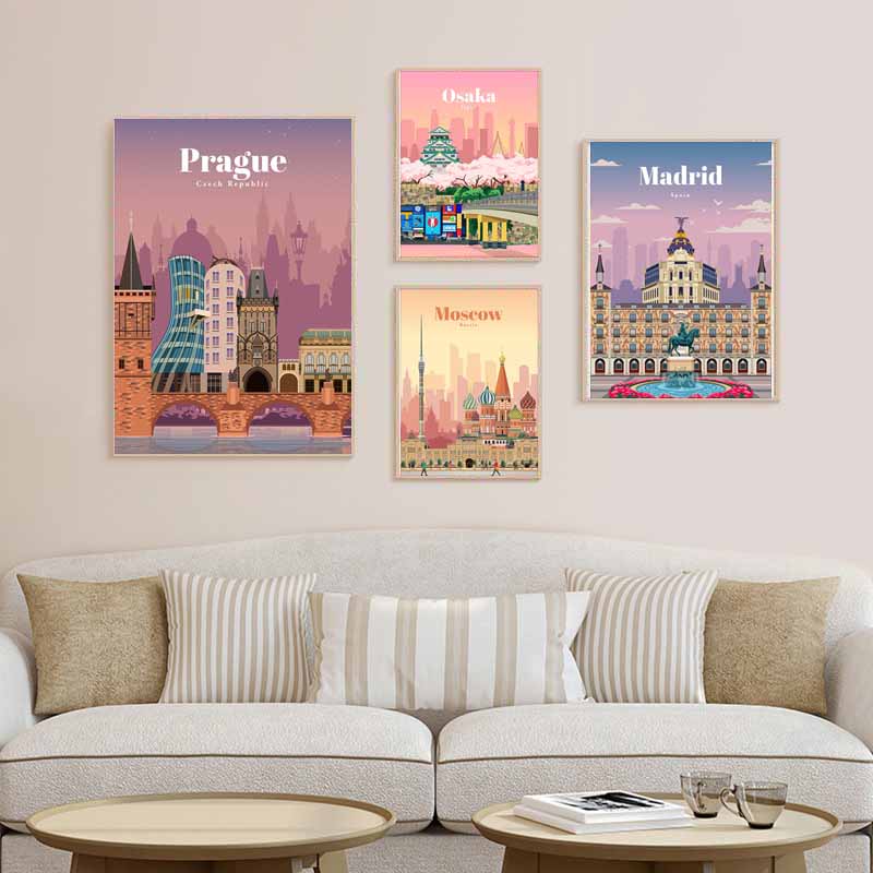White Paper Cartoon City Landscape Poster Mural London Paris Travel Cities Prints Bedroom Decoration Painting Funny Abstract Wall Art Decor