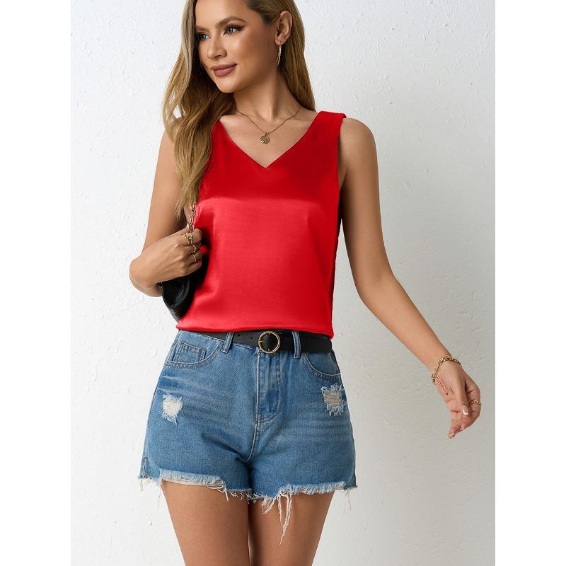 Women's Spring Summer Satin Vest V-neck Casual Halter Vest Sleeveless Shirt