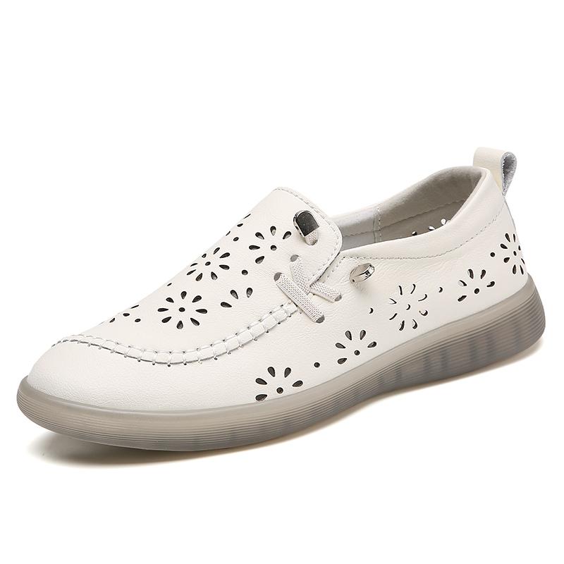 35-41 Women's Large Breathable Fashion Flat Leather Shoes with Hollow Out Shoes White Shoes Lefu Shoes