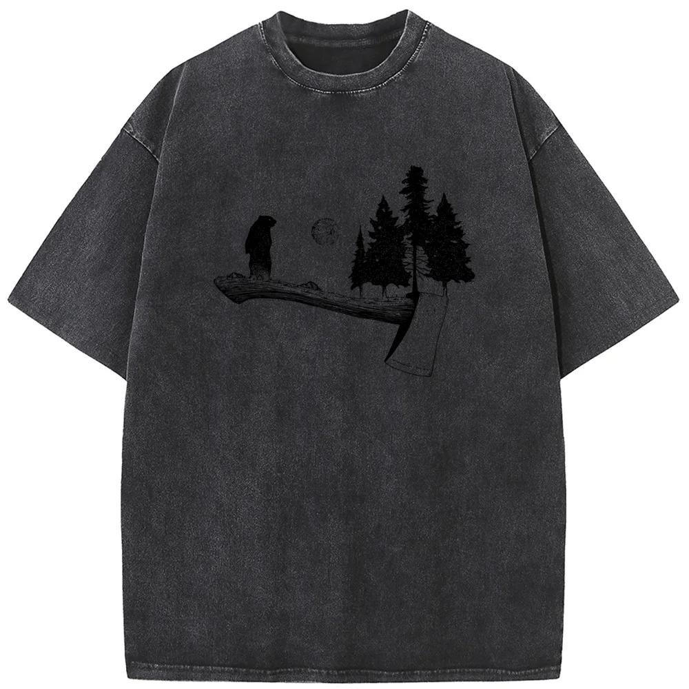 Little Bear Ax Protects The Forest Cotton O-Neck Washed T-Shirt Novelty Casual Loose Bleach T Shirt Summer Bleached Tshirt