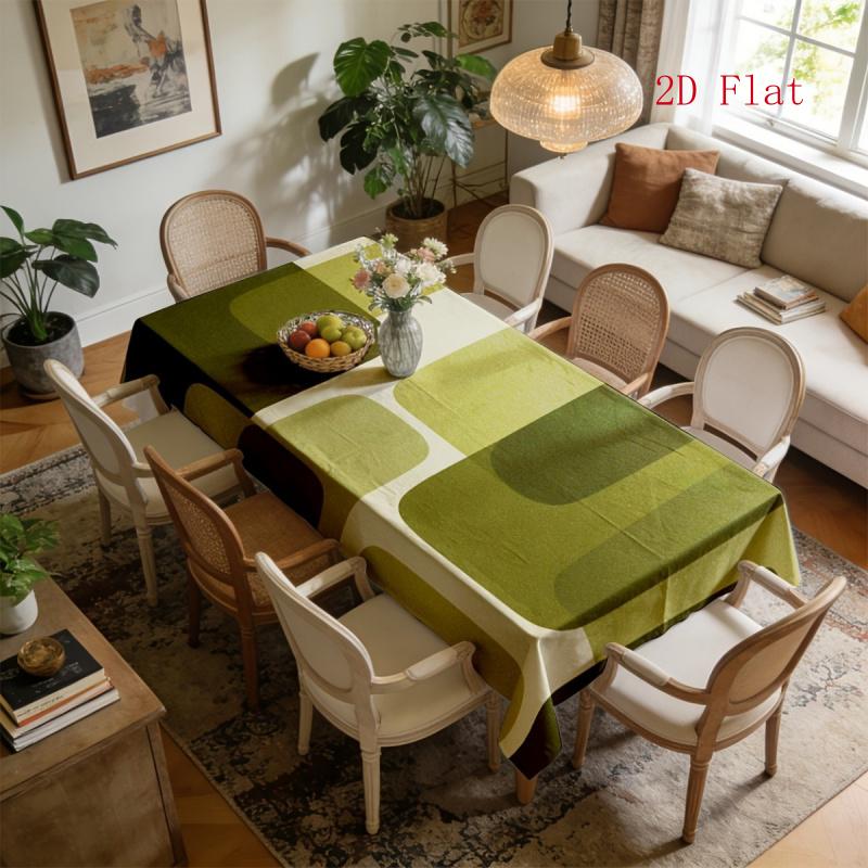 2D Flat 1pc Olive Green Vintage Geometric Pattern Tablecloth, Made of Polyester Fiber Fabric, Suitable for Everyday And Festive Party Indoor And Outdo