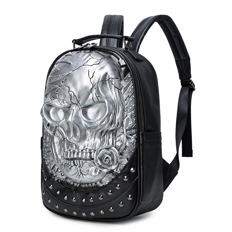 Rivet 3D Skull Skeleton Embossed Shoulder Bag Travel Backpack Restore Halloween Cool Dark Gothic Carving Backpack