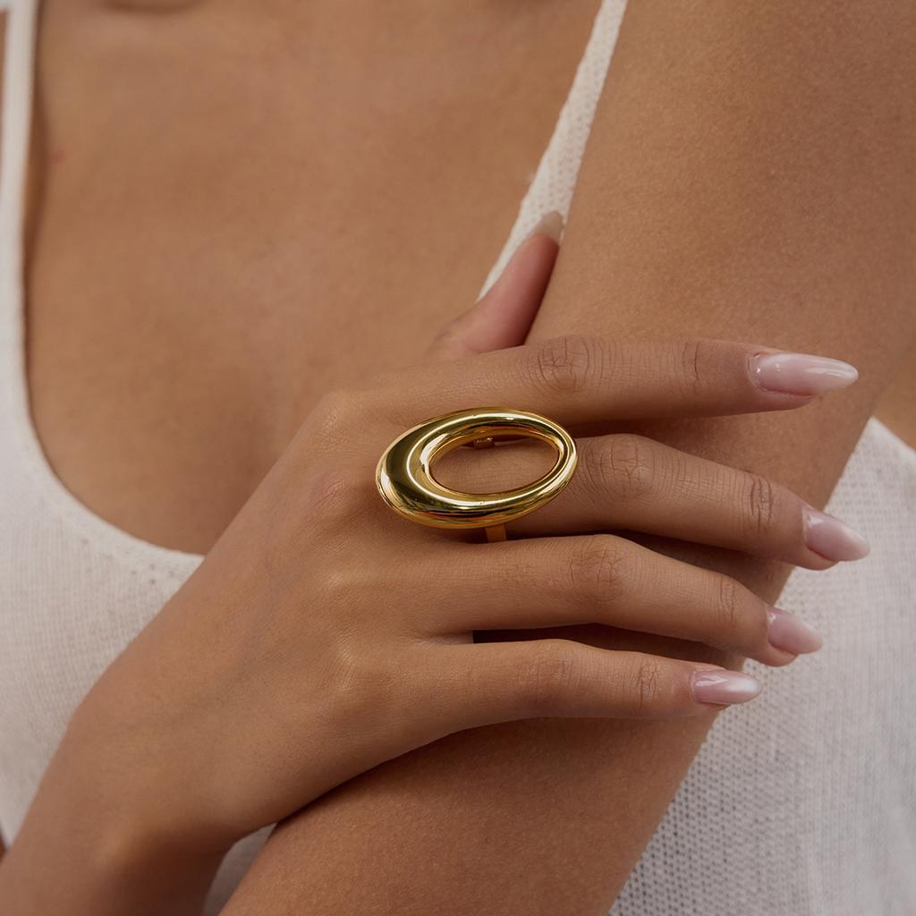 Youthway Glossy Hollow Oval Metal Ring Stainless Steel Finger Jewelry Modern Style Minimalist Trendy Geometric Ring