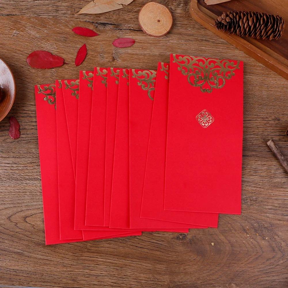 10pcs Simple Style Gold Printing Red Pocket Paper Lucky Money Bag Chinese Red Envelopes Wedding
