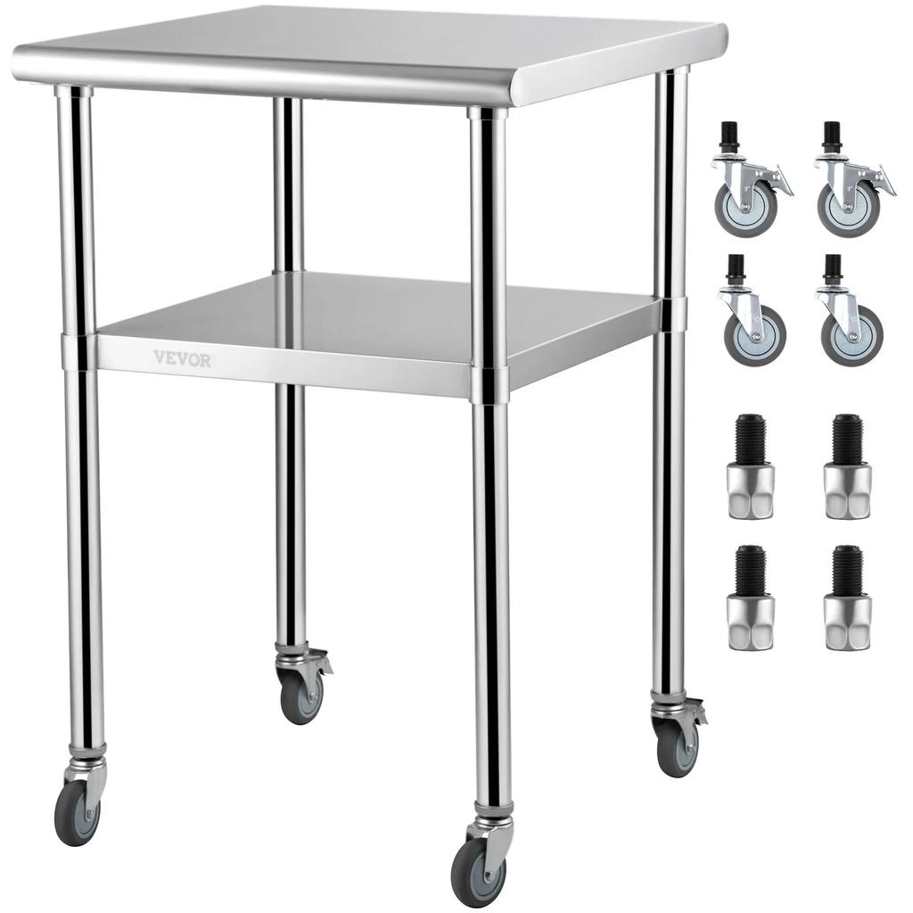 VEVOR Stainless Steel Prep Table, 61 x 61 x 91 cm, 272 kg Load Capacity Heavy Duty Metal Worktable with Adjustable Undershelf & Universal Wheels