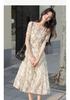 French Style Waist Cinched Round Neck Pleated Floral Dress