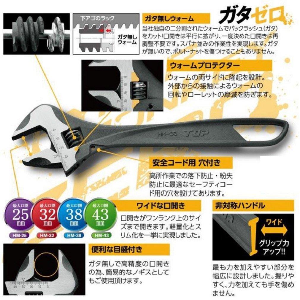 TOP Hyper Monkey ZERO Wide Adjustable Opening Adjustable Wrench Made In Japan Zero-Backlash Wrench, 0-38mm, Zero-Backlash Worm, HM-38, Tsubame-Sanjo,