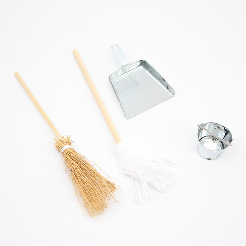 1/12 Dollhouse Broom Dustpan Metal Pail Kit Dollhouse Mini Cleaning Tool Accessories Dolls House Decor Pretend Play Toy