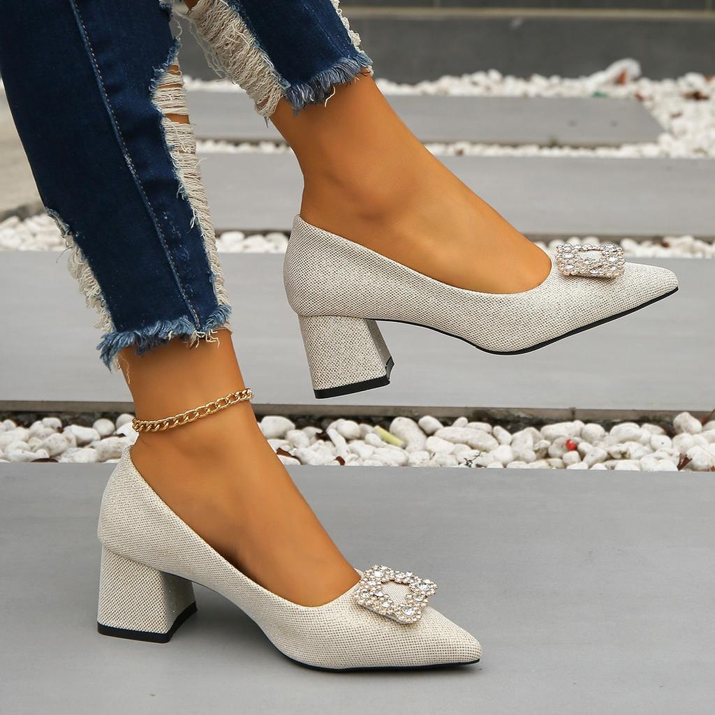 Модные женские туфли-одиночки 2024 года, весна, новая корейская версия с квадратной пряжкой и острым носком на толстом каблуке