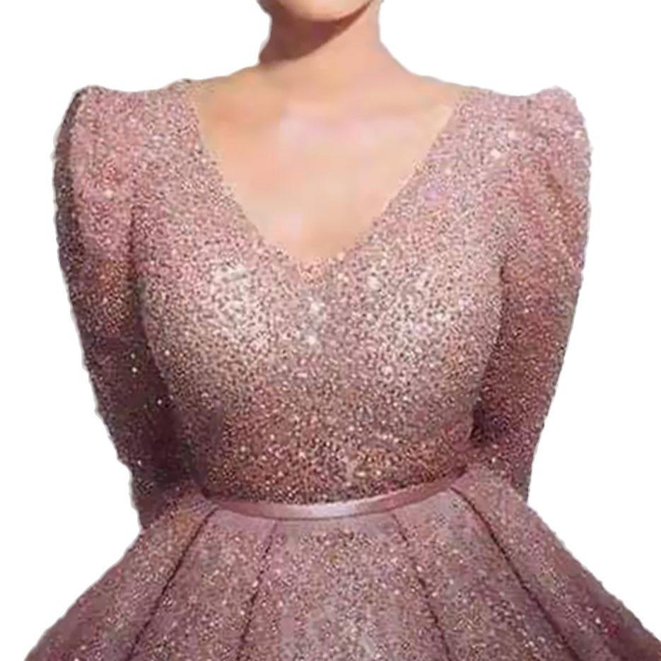 Летнее новое европейское и американское женское платье, цвет нюд-розовый, с V-образным вырезом, талия, украшенная золотыми блестками, длинное платье, платье