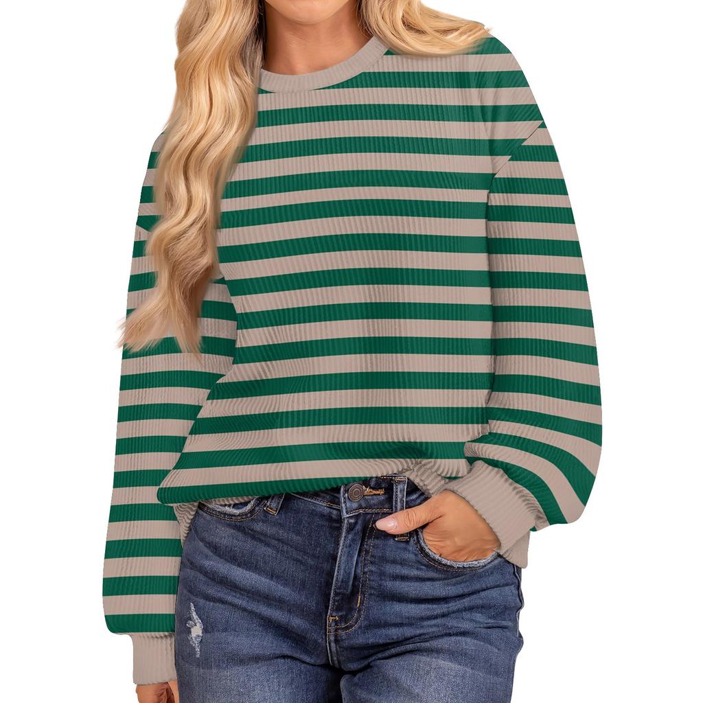 Женские повседневные свободные туники, топы с круглым вырезом, трикотажные ребристые рубашки с принтом, длинный рукав, пуловер, топ