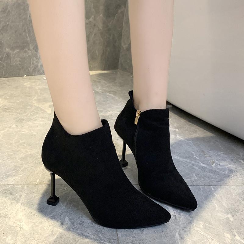 Fashion Shoes for Women 2024 Fashion Winter Mid-Calf Women's Boots Solid Color Pointed Toe Flock Zipper High Heels Zapatillas De Mujer