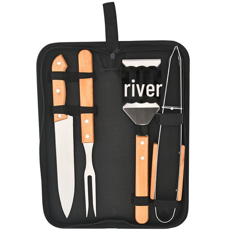 Набор инструментов для барбекю на открытом воздухе: Инструменты для приготовления барбекю на древесном угле: кухонный нож с деревянной ручкой, лопатка, вилка и щипцы.