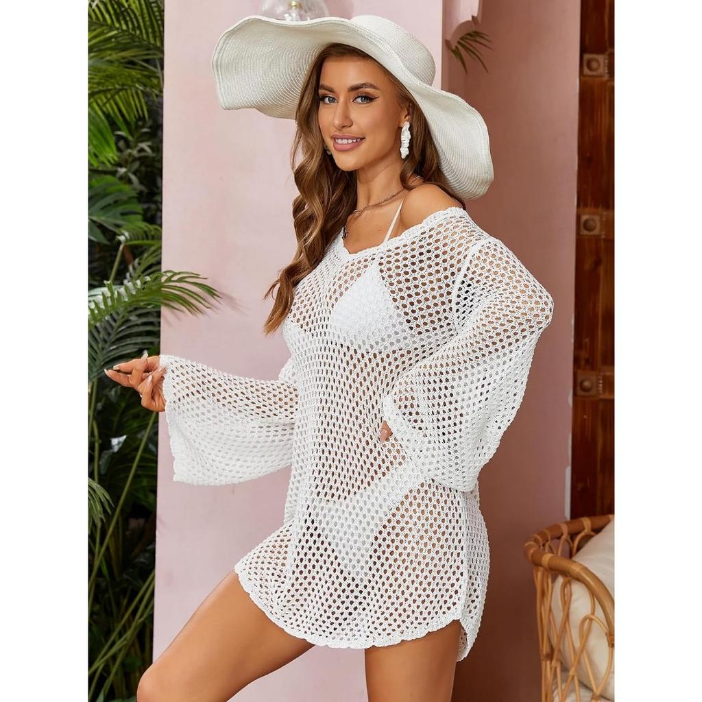 CHARMLEAKS Женский вязанный крючком купальник, накидка с рукавами-колокольчиками, пляжные накидки с открытой спиной, накидка на купальный костюм с зубчатым краем, бикини, купальник