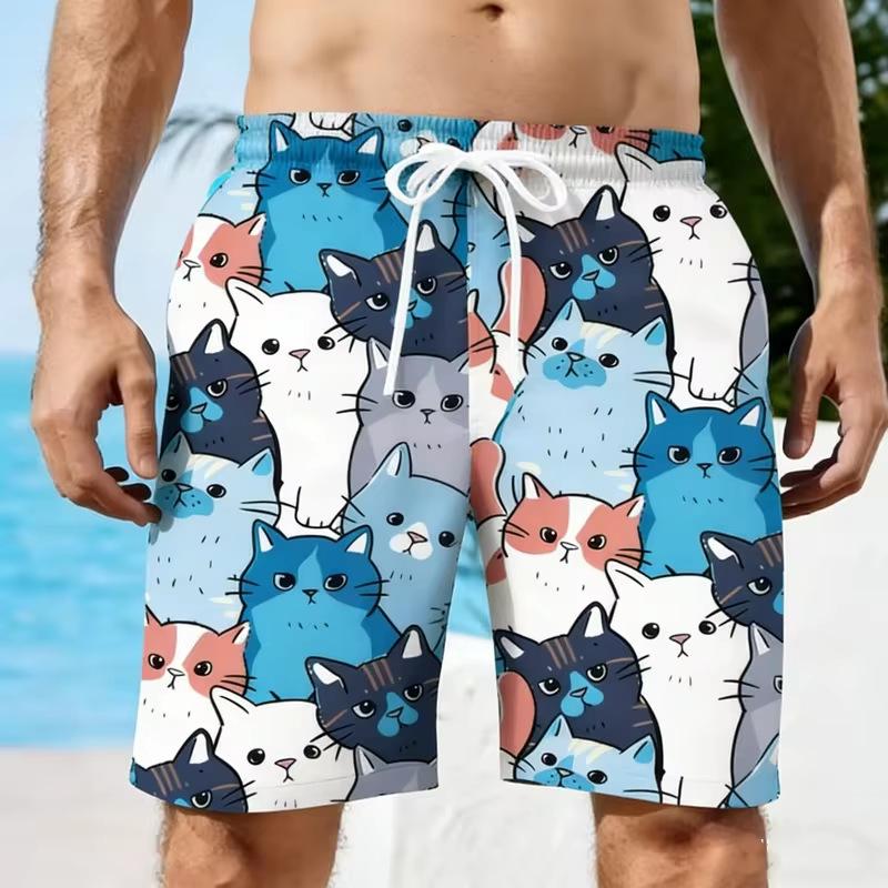 Summer Men's Cute Cat 3D Printed Beach Shorts Fashion Versatile Trend Breathable Casual Vacation Style