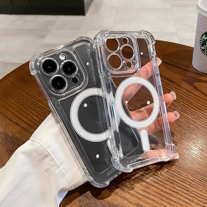 Прозрачный ударопрочный бронированный чехол для iPhone 15 14 Plus 13 12 11 Pro Max для беспроводной зарядки Magsafe Магнитный акриловый чехол