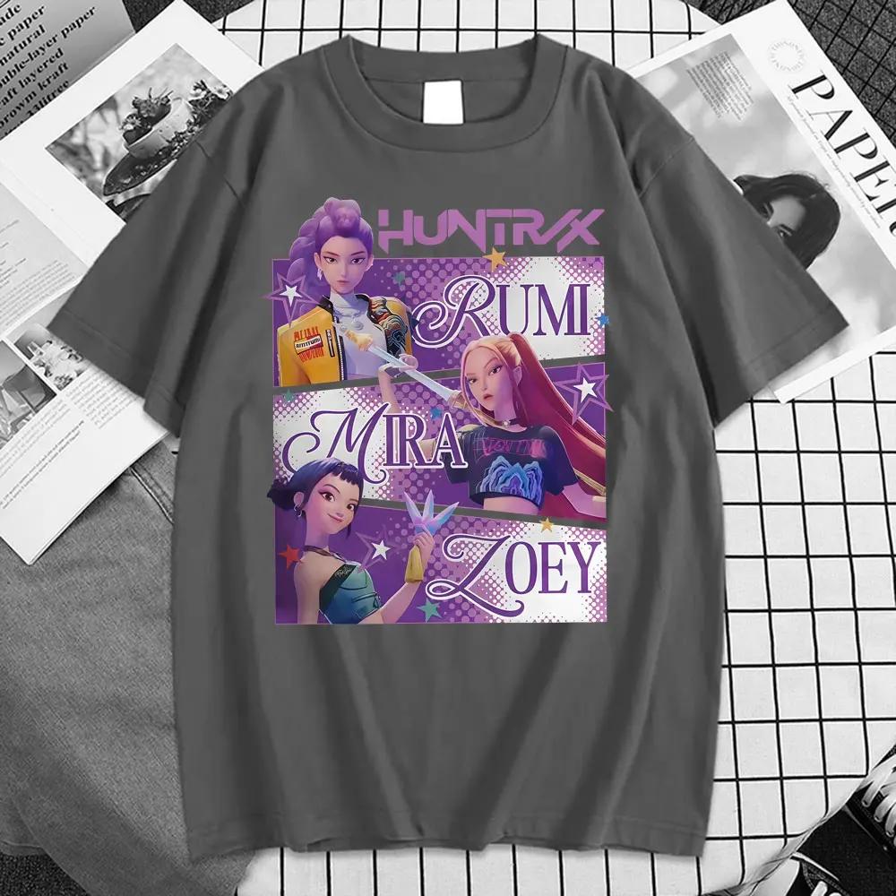 Модная K-pop футболка Охотники на демонов Huntrix Girl Rumi Zoey Mira Графическая футболка Мужская Женская 100% Хлопок Корейская уличная одежда Топ