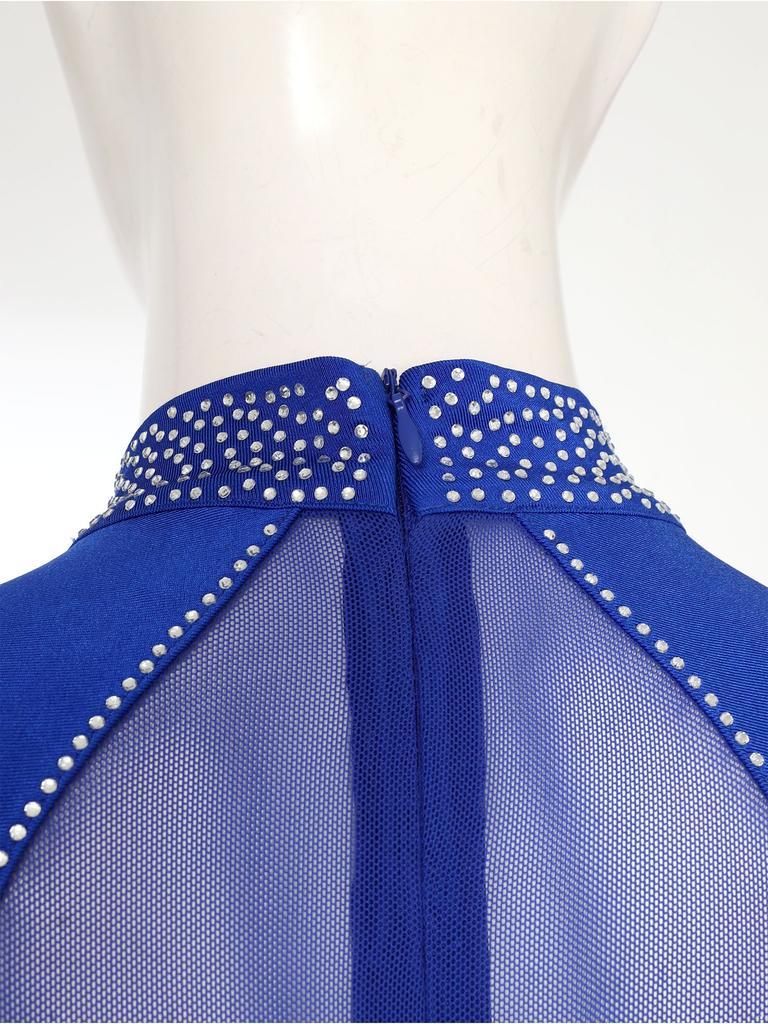 Женский гимнастический комбинезон с блестящими стразами, пэчворк, с воротником-стойкой, длинными рукавами, застежкой-молнией на спине.