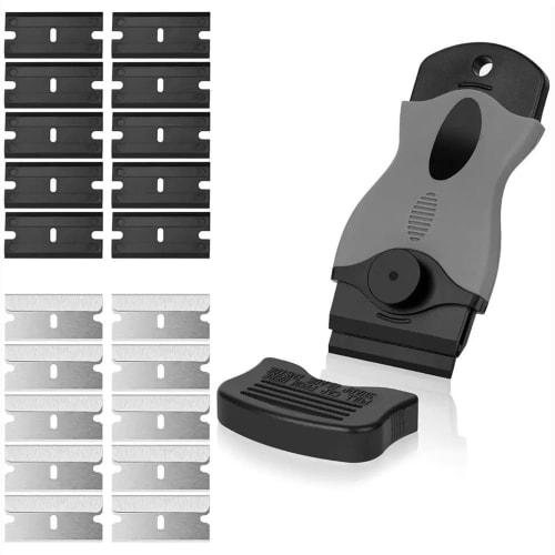 YJRUNFU Scraper for Sticker Removal, 10 Plastic Blades, 10 Stainless Steel Blades, and Blade Covers, Glass Scraper, Pocket Scraper, Safety Scraper for