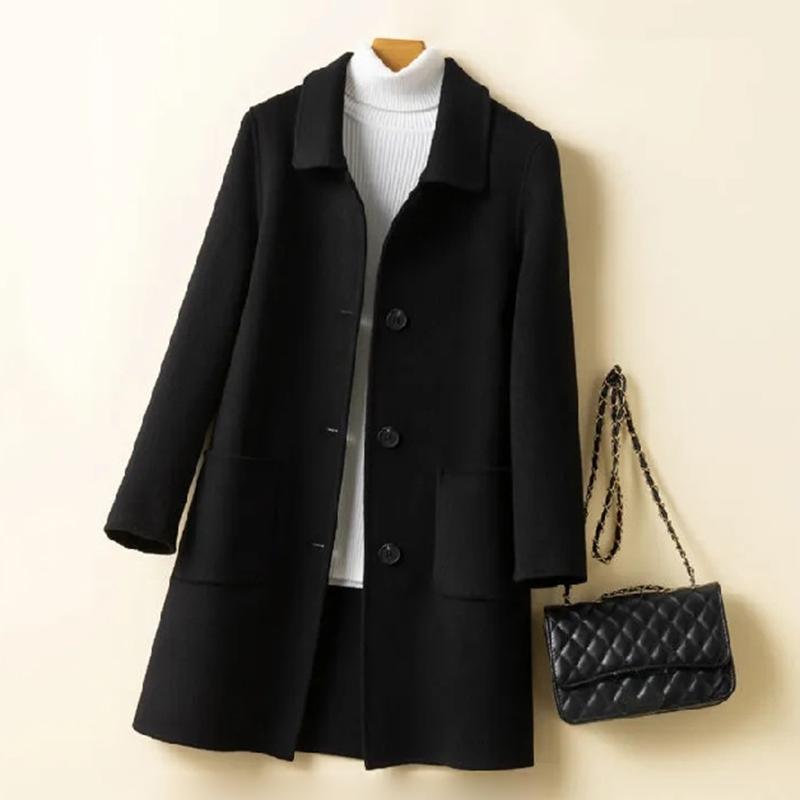 Женские свободные однотонные куртки с лацканами из шерстяных смесей средней длины, элегантная верхняя одежда в стиле ретро