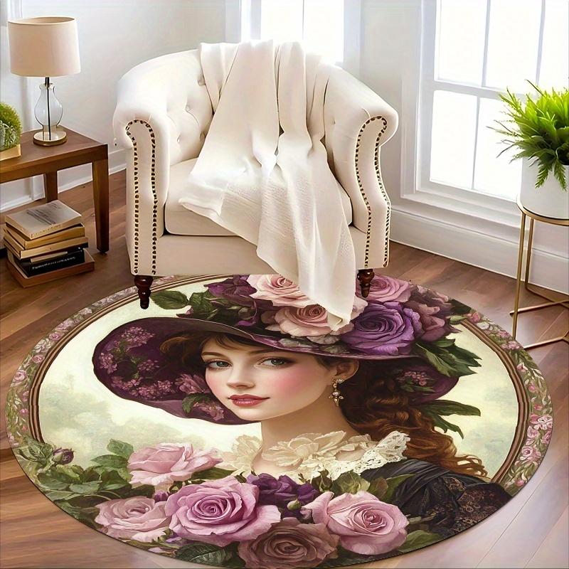 Romantic Rose Lady Round Mat, Vintage Floral Design for Valentine Gift, Non-Slip Machine Rug for Bedroom, Anniversary Decor
