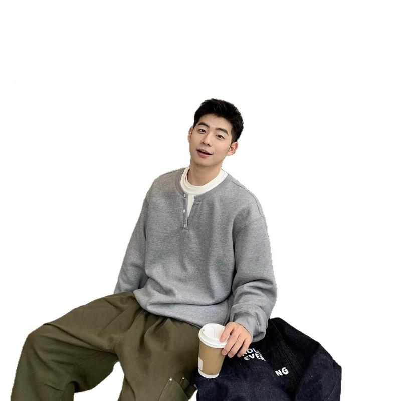 Mens 350g Heavyweight Gray Fake Two-Piece Round Neck Sweatshirt Casual Long Sleeve Top Teens