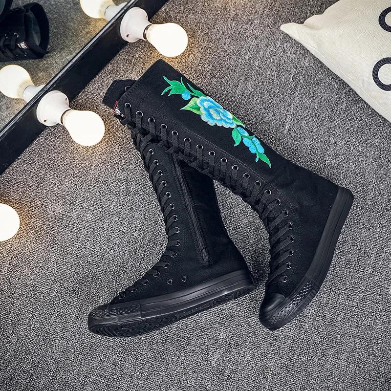 Женские парусиновые сапоги, длинные танцевальные сапоги, туфли на плоской подошве с принтом роз, на молнии, удобные вулканизированные кроссовки