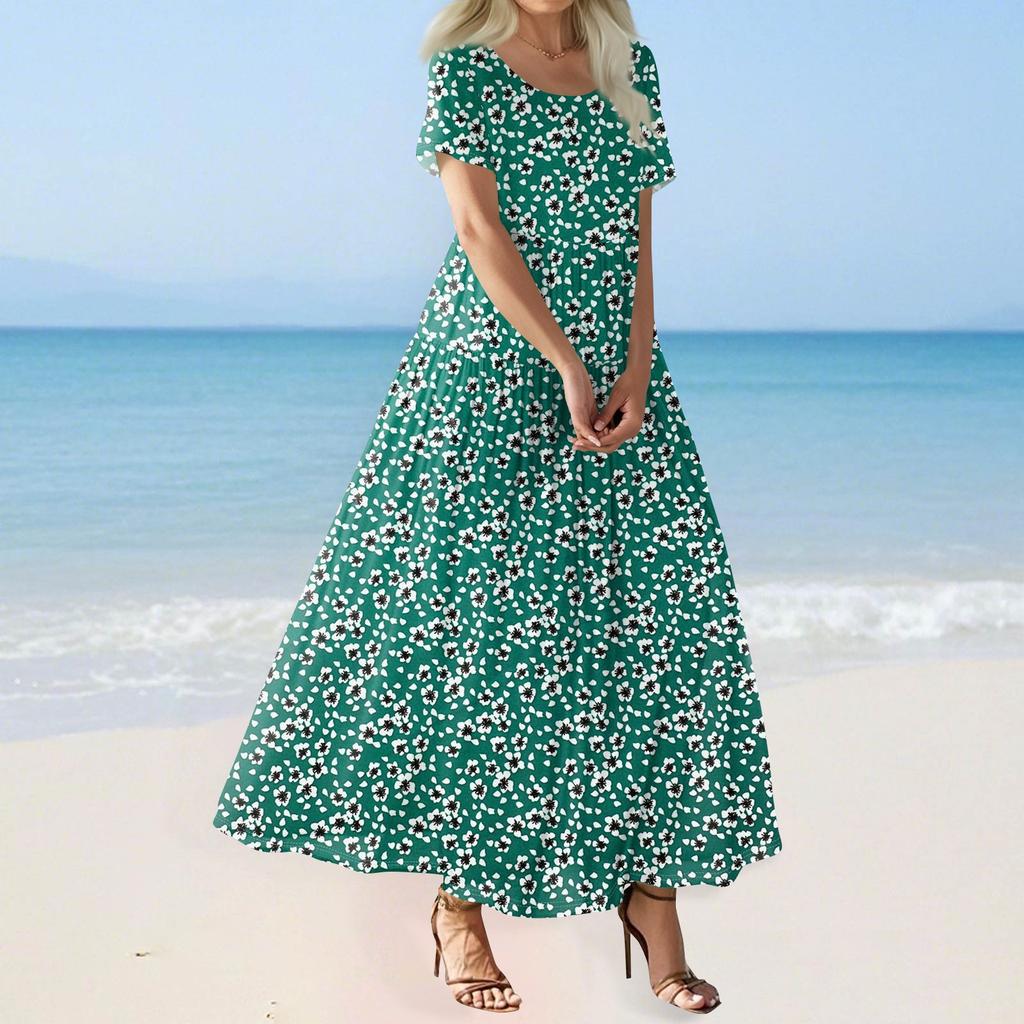 Women's Summer Casual Floral Print Short Sleeve O Neck High Waist A Line Tiered Flowy Boho Maxi Dress