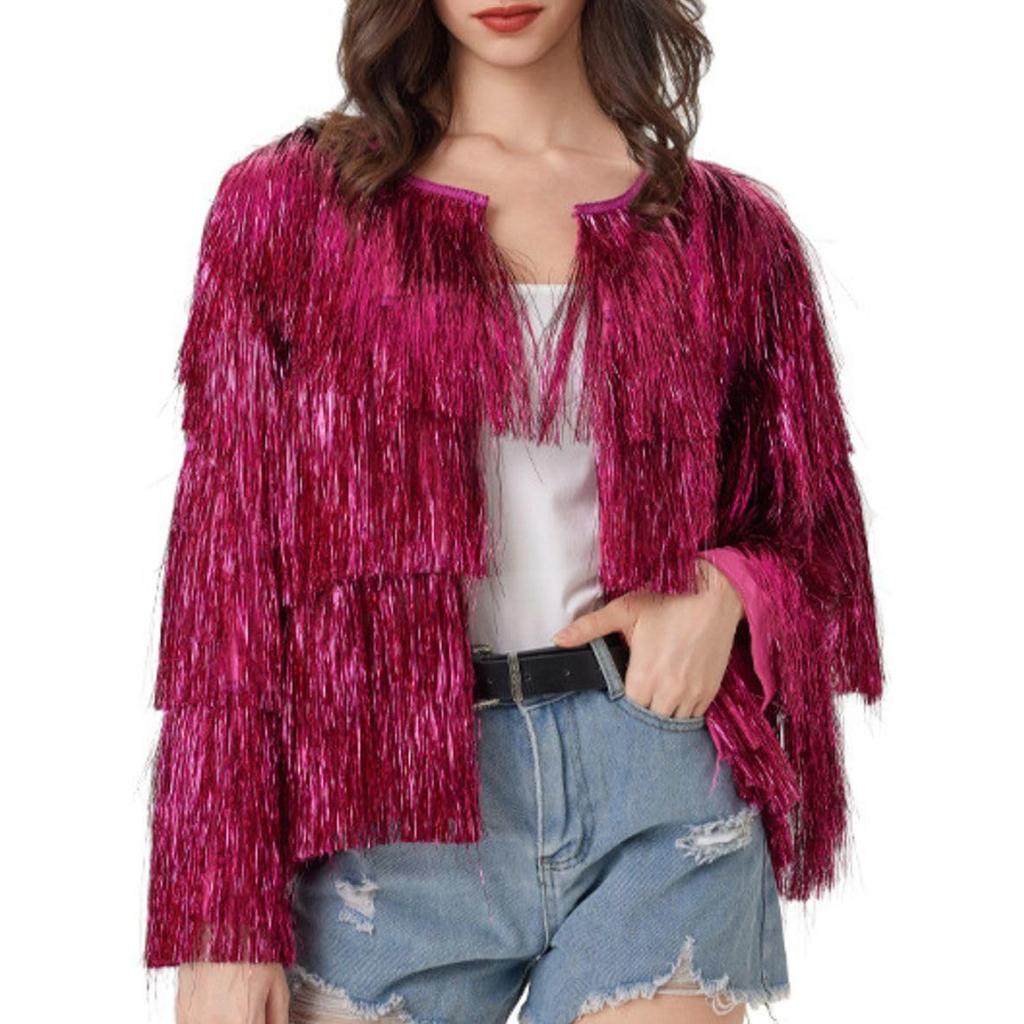 Women's Sequin Fringe Jackets Sparkly Tassel Hem Long Sleeve Open Front Jacket Outerwear