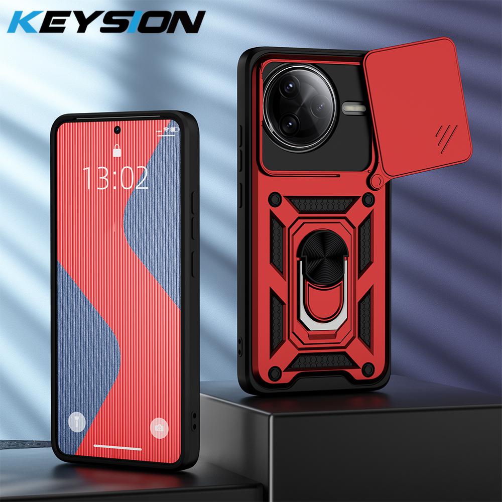KEYSION Противоударный чехол для POCO F7 Pro Silicone+PC Slide Camera Lens Protection Ring Stand Phone Cover для Xiaomi POCO F7 Pro