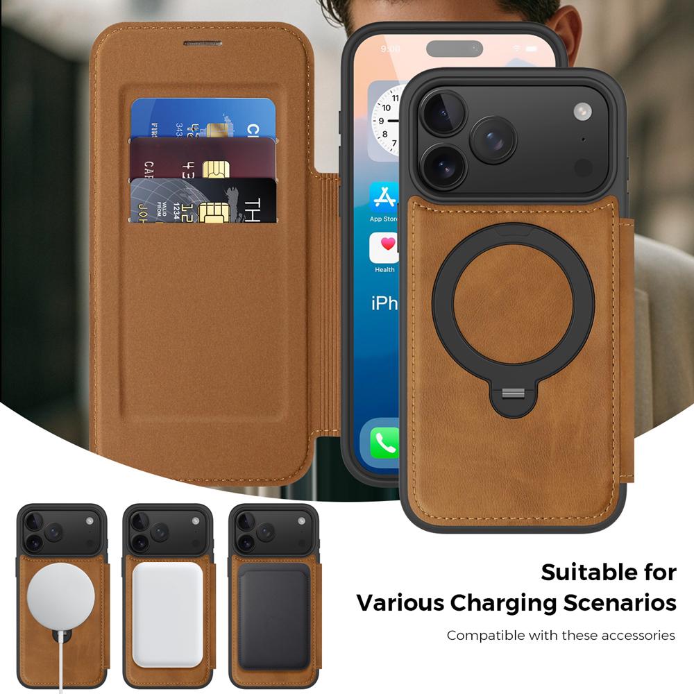 KEYSION Кожаный кошелек-книжка для iPhone 15 16 17 Pro Max Air 16Plus 16e Слот для карт Магнитный 360 Кольцо-подставка Задняя крышка телефона