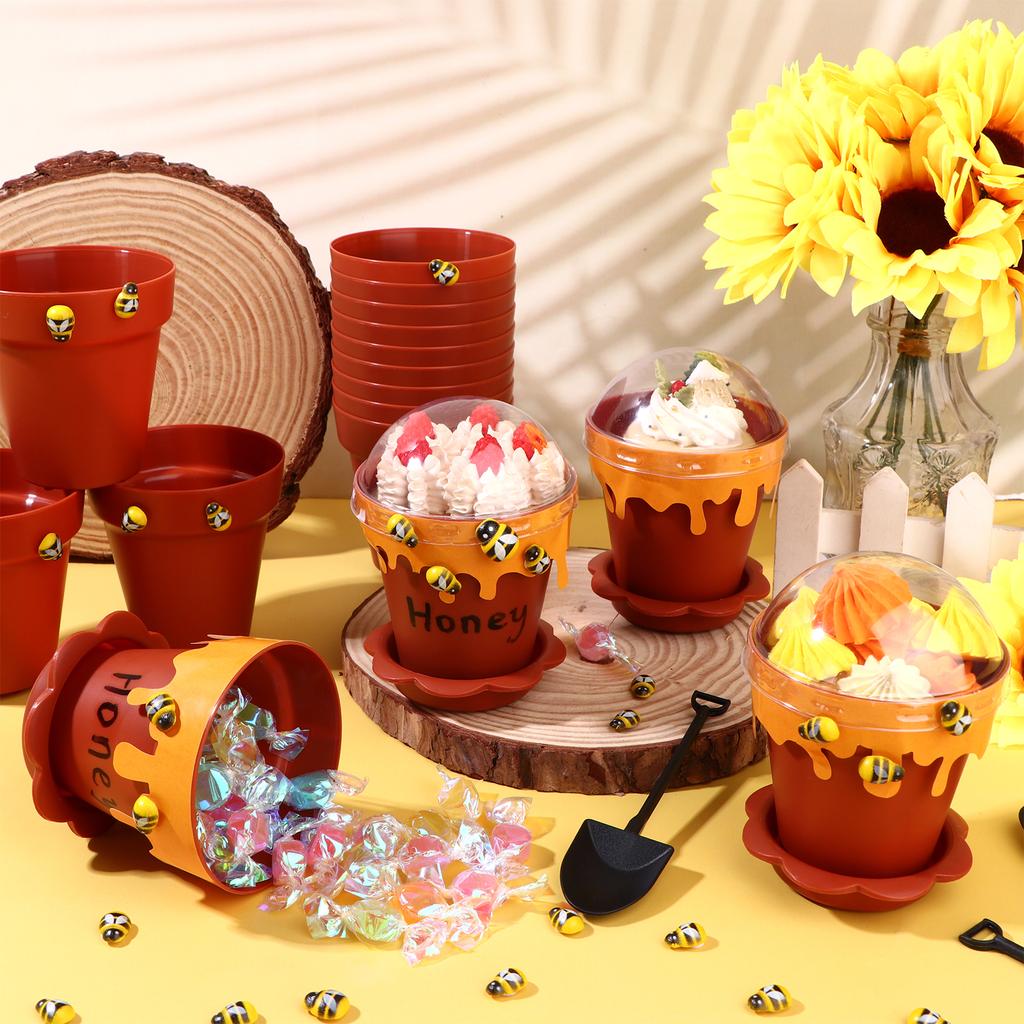 48 Pack Mini Honey Bee Pots with Lids Spoon Saucers and Wooden Bee Charms For Baby Shower Birthday Party Supplies