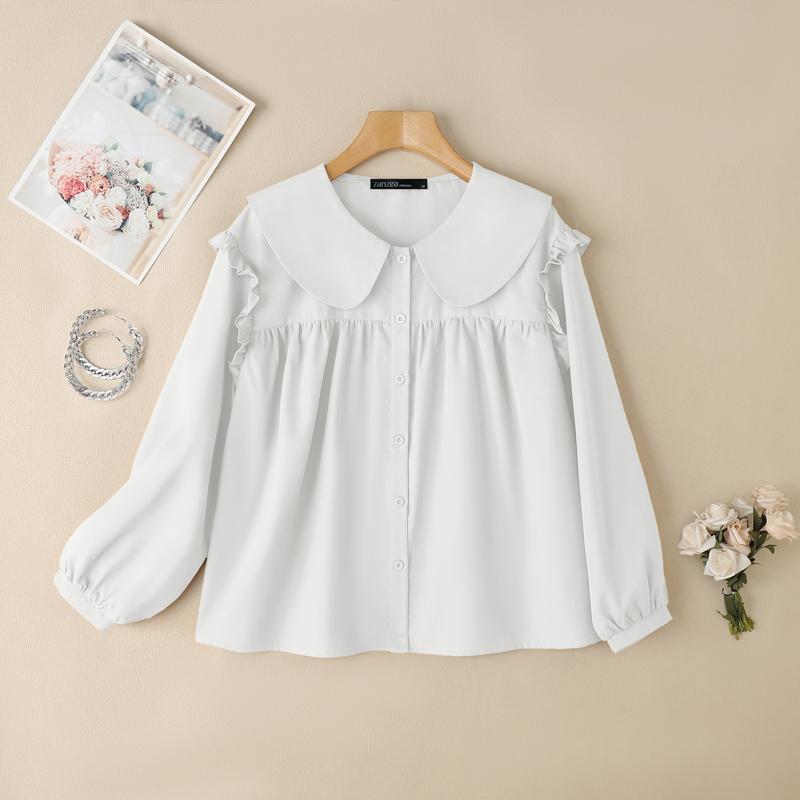 ZANZEA Женская свободная повседневная блузка с длинным рукавом и воротником-стойкой