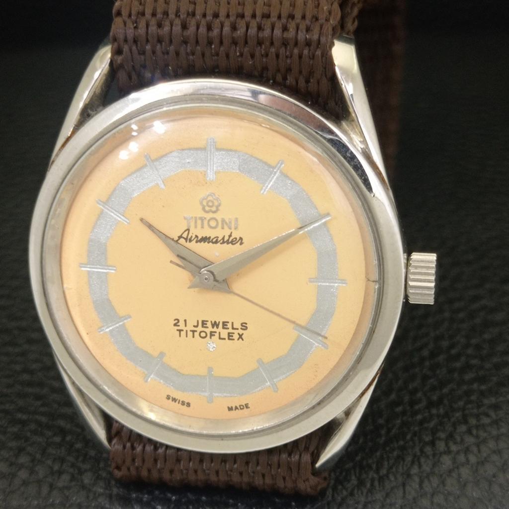 ШВЕЙЦАРСКИЕ ВИНТАЖНЫЕ TITONI AIRMASTER TITOFLEX С РУЧНЫМ ЗАВОДОМ МУЖСКИЕ БЕЖЕВЫЕ ЧАСЫ a703233-1