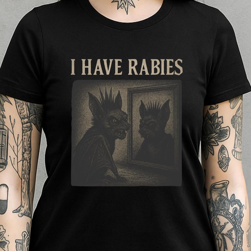 Stylish Gothic Bat Shirt – “I Have Rabies” Funny Dark Humor Vintage Punk Bat Illustration Tee.