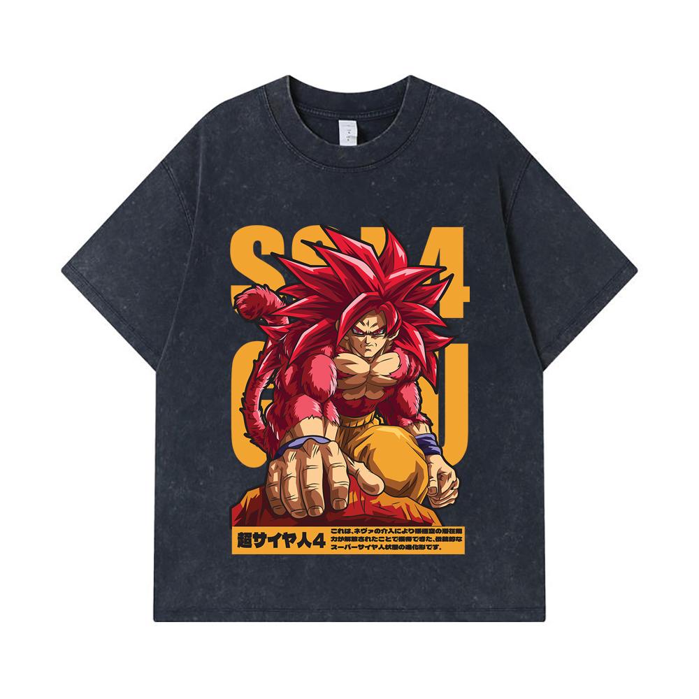 Стиранные футболки 275 г/м² 100% Хлопок Dragon Ball V42 Принт Goku SSJ4 Унисекс Тяжелая хлопковая футболка