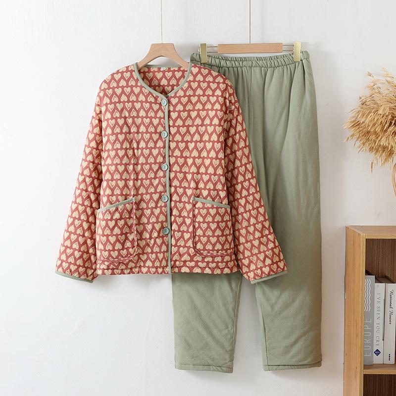 Женская зимняя куртка с цветочным принтом и хлопковой подкладкой и комплект пижамы - Теплая и толстая для дома или улицы