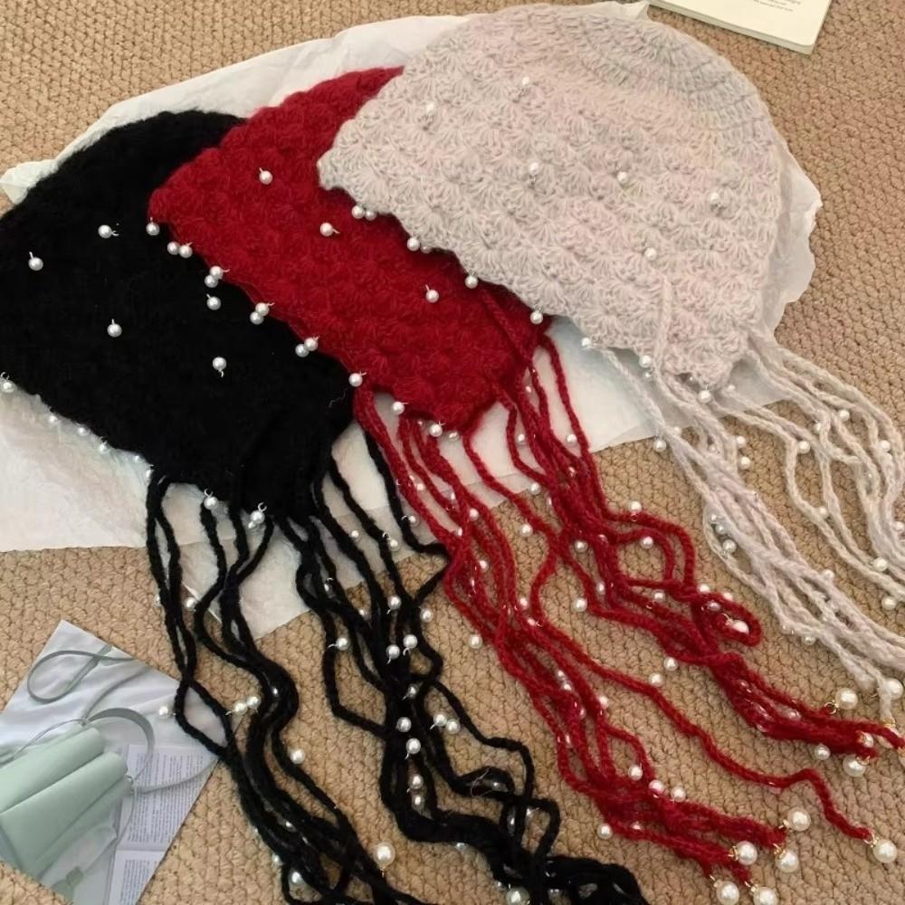 Hollow Out Knitted Pullover Hat Pearl Tassel Pendant Headband Hat Fringed Beanie Cap for Women