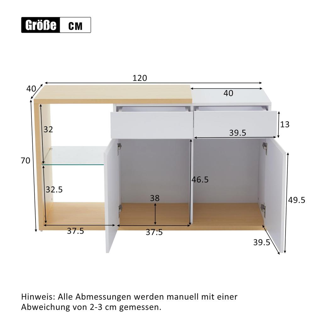 Sideboard Kommode LED 2 Türen & 2 Schublade & Glasregal, Anrichte Highboard Viel Stauraum, Buffets Esszimmer Wohnzimmer, Weiß & Eiche
