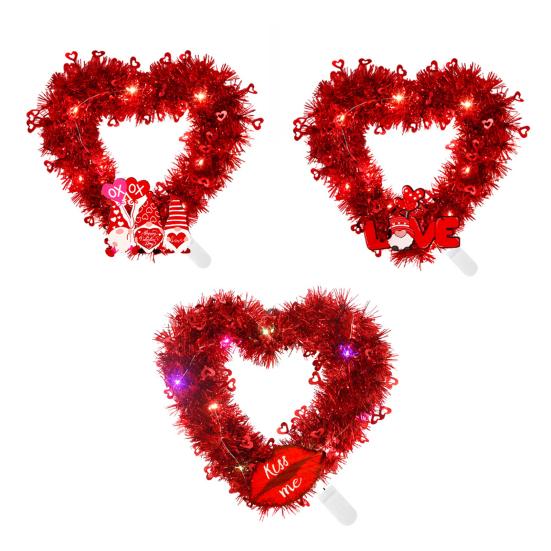 Prelit Valentine's Day Heart Shaped Wreath with String Light Red Tinsel Wreath with Foil Hearts for Wedding Anniversary Front Door Wall Decor