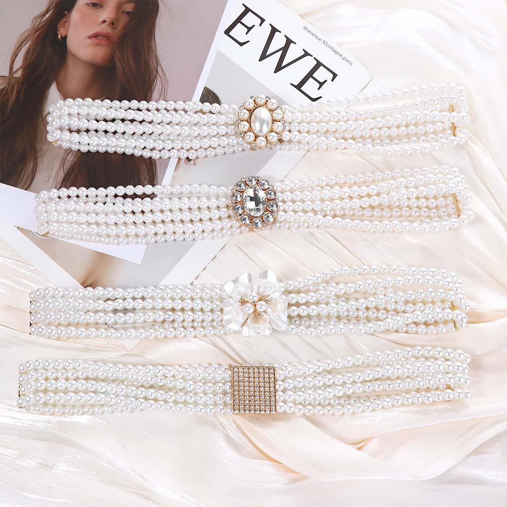 Elastic Metal Buckle Flower For Girls Dress Decoration Faux Pearl Korean Belt Women Waistband